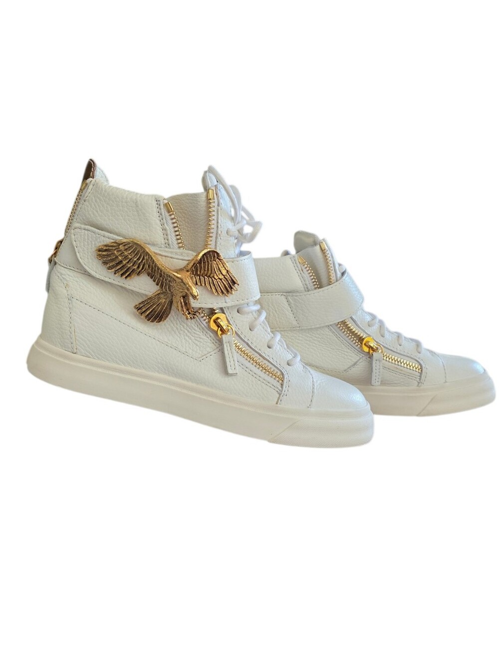 Giuseppe Zanotti White Leather High Top Sneakers Gold Eagle